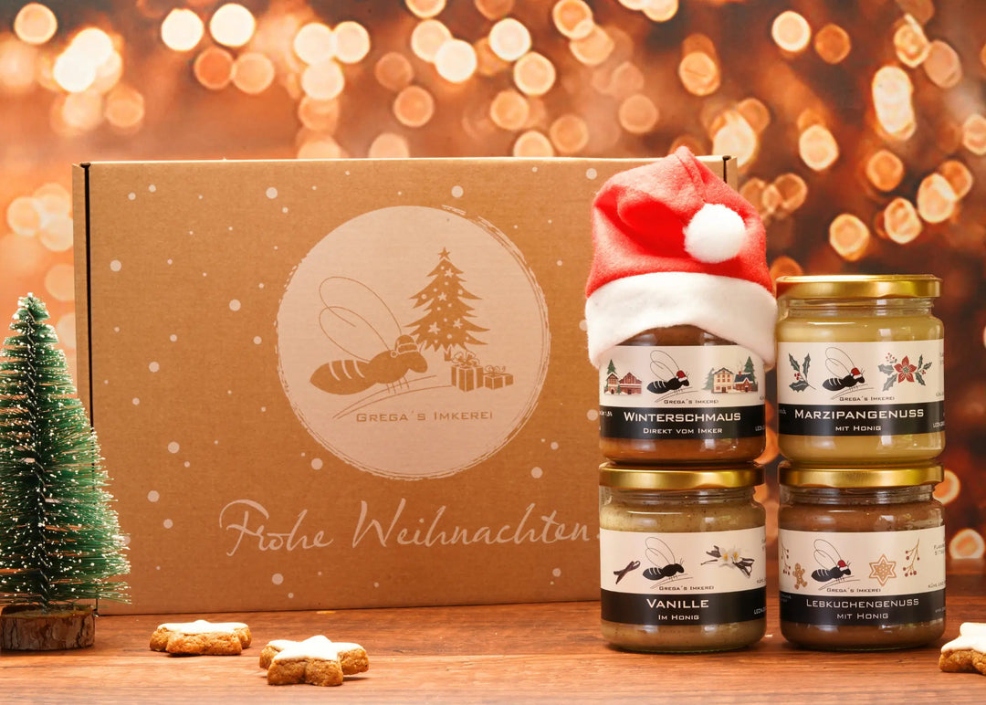 Honig Geschenkset 4er zu Weihnachten mit Frohe Weihnachten Geschenkbox