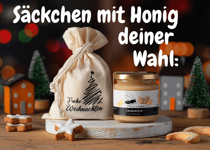 Säckchen "Frohe Weihnachten" mit Honig deiner Wahl
