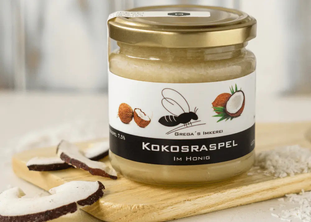 Kokoshonig von Gregas Imkerei 250 g Glas Kokosraspel im Honig