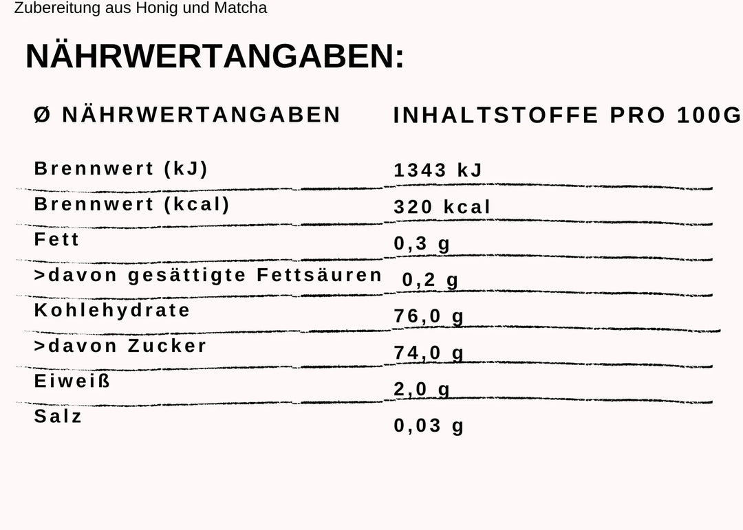 Nährwerttabelle Matcha im Honig von Grega´s Imkerei