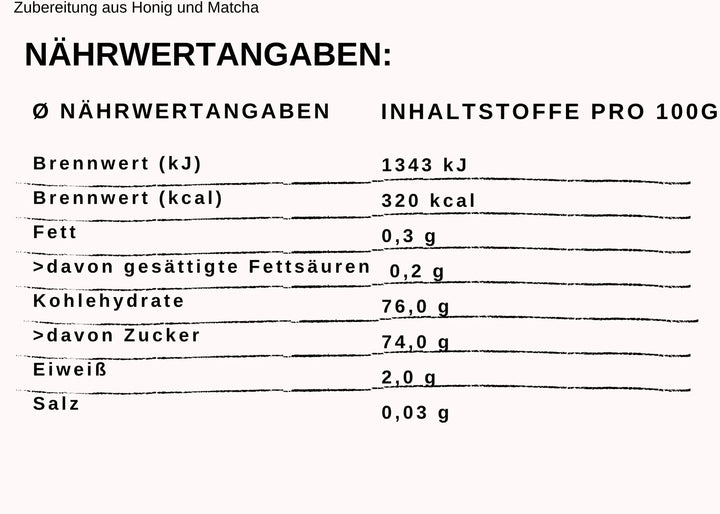 Nährwerttabelle Matcha im Honig von Grega´s Imkerei