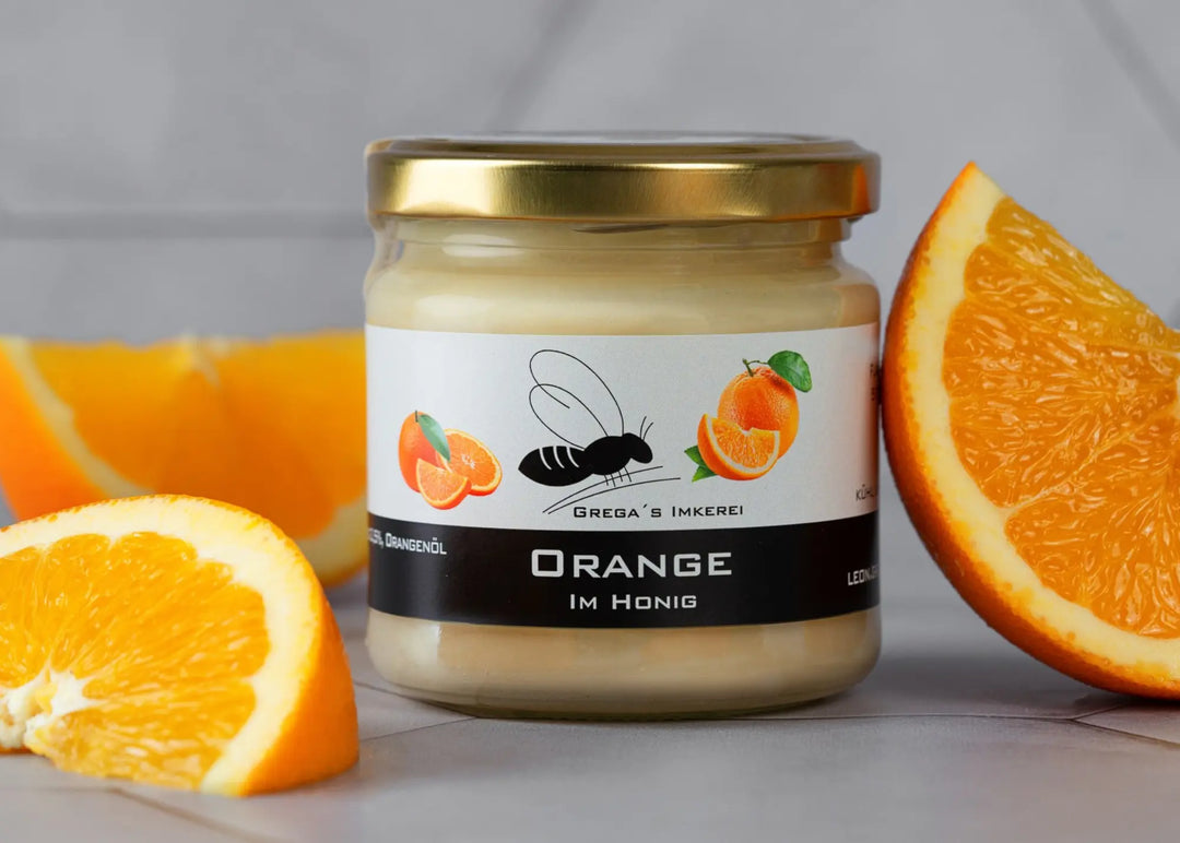 Orange im Honig 250 g Glas von Grega´s Imkerei