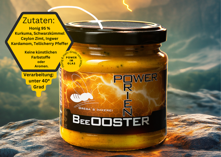 Honig 95 %
Kurkuma, Schwarzkümmel
Ceylon Zimt, Ingwer
Kardamom, Tellicherry Pfeffer