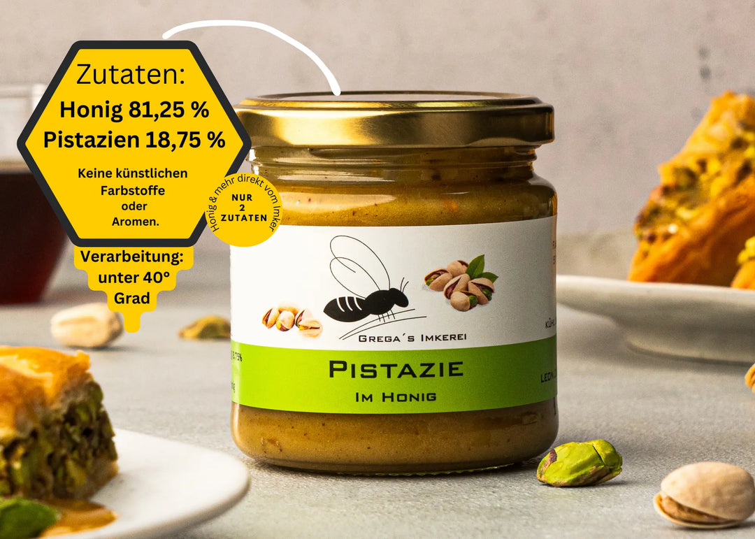 Pistazie honig von Grega´s Imkerei Zutaten 81,25% Honig und 18,75% Pistazien