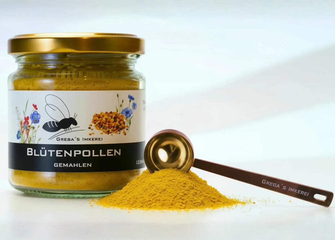 Blütenpollen Pulver gemahlen direkt im Glas vom Imker mit Dosierlöffel