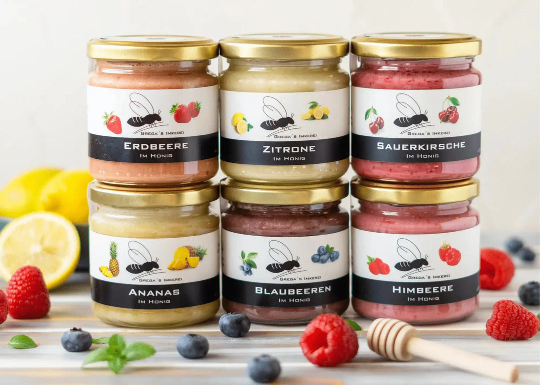 6er Frucht im Honig SET mit 6 Gläseren, Erdbeere, Zitrone, Himbeere, Ananas, Blaubeere und Himbeere im Honig