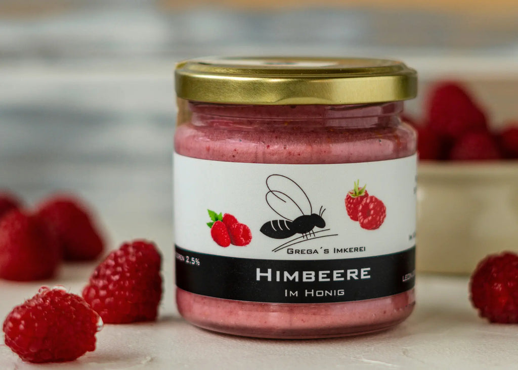 Grega´s Imkerei Honig Himbeere im Honig 250g, 1 x (Honig & mehr direkt vom Imker), Cremige Frucht Honig-Spezialität mit nur zwei natürlichen Zutaten