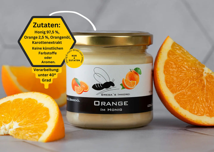 Orange im Honig Zutaten: Honig 97,5 %, Orange 2,5 %, Orangenöl, Karottenextrak