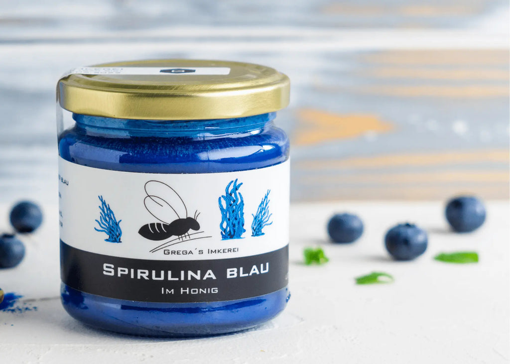 Grega´s Imkerei Honig Blauer Spirulina Blau im Honig, 1 x 250 g, (Honig & mehr direkt vom Imker), Cremige Honigspezialität mit nur zwei natürlichen Zutaten