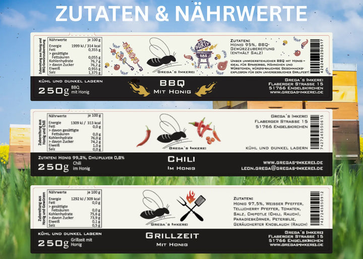 3er Grill-Honig Set mit Massivholz-Serviertablett