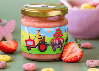 Honig für Kinder mit Erdbeeren im Fruchthonig für Kinderhonige  direkt vom Imker aus NRW. Honig mit Erdbeeren lieben Kinder im Honig